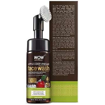 WOW Skin Science Apple Cider Vinegar Foam Exfoliating Face Wash & Brush - 3.4 Fl Oz, Unisex, Plant-Powered Ingredients, ACV Face Cleanser for Sensitive Skin