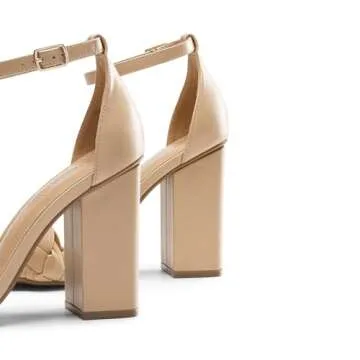 DREAM PAIRS Women's Heels for Women Braided Open Toe Ankle Strap High Block Chunky Heel Sandals Party Wedding Dress Pumps Shoes,Size 7,Nude,SDHS2321W