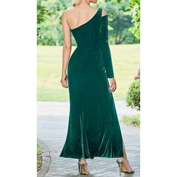 L'VOW Women's Elegant One Shoulder Long Sleeve Maxi Formal Dress Cold Shoulder Side Split Bodycon Club Evening Velvet Gown(Dark Green,Medium)
