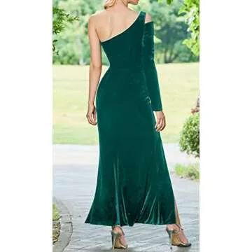 L'VOW Women's Elegant One Shoulder Long Sleeve Maxi Formal Dress Cold Shoulder Side Split Bodycon Club Evening Velvet Gown(Dark Green,Medium)