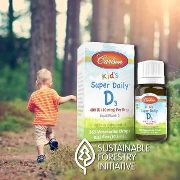 Carlson - Kid's Super Daily D3, Kids Vitamin D Drops, 400 IU (10 mcg) per Drop, Heart & Immune Health, Vegetarian, Liquid Vitamin D Drops, Unflavored, 365 Drops