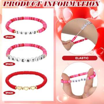 Tondiamo 24 Pcs Galentine Squad Bracelets Galentine's Day Gifts for Women Polymer Clay Beaded Stretch Bracelets Galentine Squad Letter Jewelry for Family Friend Accessory Valentine's Day Party Favors