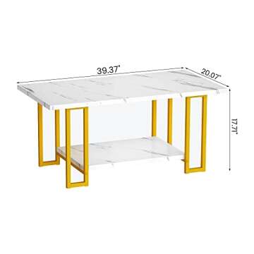 AWQM Marble Coffee Table, Faux Marble Top Rectangular Coffee Table with Gold Metal Frame, 2 Tier Liv...