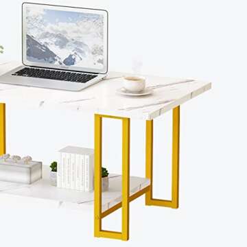 AWQM Marble Coffee Table, Faux Marble Top Rectangular Coffee Table with Gold Metal Frame, 2 Tier Living Room Table for Living Room, Office, Balcony, 40 Inch, White and Gold