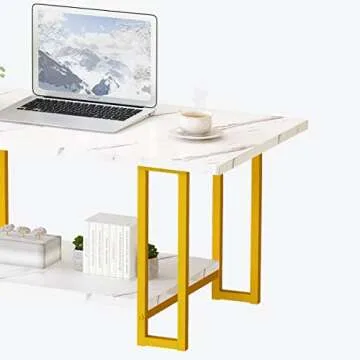 AWQM Marble Coffee Table, Faux Marble Top Rectangular Coffee Table with Gold Metal Frame, 2 Tier Living Room Table for Living Room, Office, Balcony, 40 Inch, White and Gold