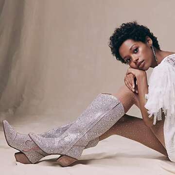 Women's Rhinestone Boots Western Mid Calf Pointed Toe Fashion Cowgirl Boots 5cm Chunky Stacked Heel Pull On Boots For Ladies(Silver,Size7)