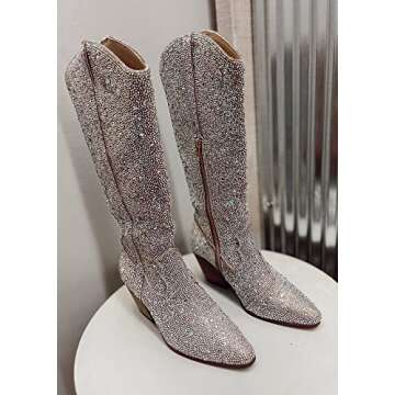 Women's Rhinestone Boots Western Mid Calf Pointed Toe Fashion Cowgirl Boots 5cm Chunky Stacked Heel Pull On Boots For Ladies(Silver,Size7)