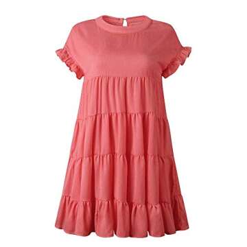Joteisy Women’s Summer Ruffle Sleeve Round Neck Loose Fit Casual Swing Short Mini Dress (S, Watermelon Red)