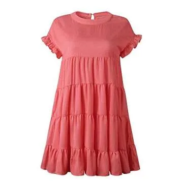 Joteisy Women’s Summer Ruffle Sleeve Round Neck Loose Fit Casual Swing Short Mini Dress (S, Watermelon Red)