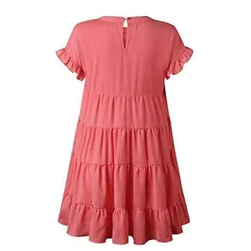 Joteisy Women’s Summer Ruffle Sleeve Round Neck Loose Fit Casual Swing Short Mini Dress (S, Watermelon Red)