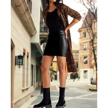 MANGOPOP Women Basic High Waisted Mini Short Pencil Bodycon Faux Leather Skirt, Large, Black(035)