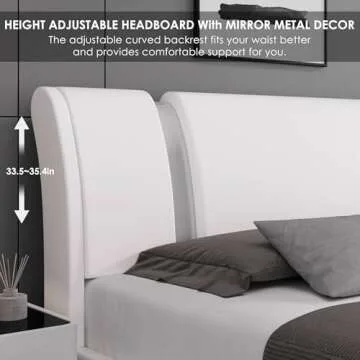 Keyluv Modern Faux Leather Upholstered Platform Bed Frame with Mirror Metal Decoration Headboard, Curved Headboard, Wooden Slats Support, No Box Spring Needed, Queen Size, White