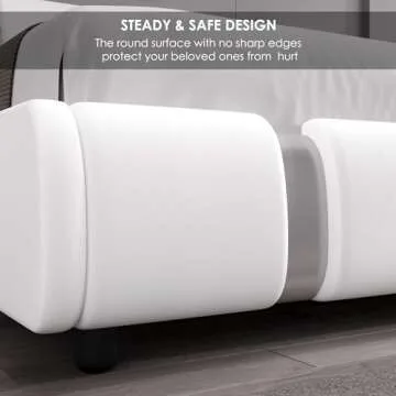 Keyluv Modern Faux Leather Upholstered Platform Bed Frame with Mirror Metal Decoration Headboard, Curved Headboard, Wooden Slats Support, No Box Spring Needed, Queen Size, White