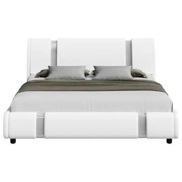 Keyluv Modern Faux Leather Upholstered Platform Bed Frame with Mirror Metal Decoration Headboard, Curved Headboard, Wooden Slats Support, No Box Spring Needed, Queen Size, White