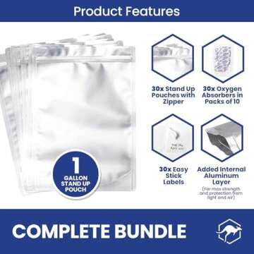 Wallaby 1-Gallon Gusset Mylar Bag Bundle - 30x Stand-Up Zipper Pouches, 30x 400cc Oxygen Absorbers, 30x Labels - Heat Sealable & Food Safe - Silver Standard Silver 30 Pack