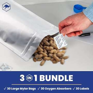 Wallaby 1-Gallon Gusset Mylar Bag Bundle - 30x Stand-Up Zipper Pouches, 30x 400cc Oxygen Absorbers, 30x Labels - Heat Sealable & Food Safe - Silver Standard Silver 30 Pack
