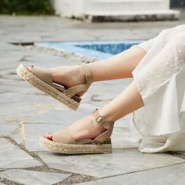 Athlefit Women's Flatform Espadrille Wedge Sandals Open Toe Casual Summer Sandals for Women Khaki Size 8