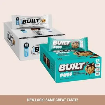 BUILT Puff Protein Bars, Cookie Dough Chunk Puff, High Protein Bars, 15g High Protein Snacks, On-The-Go Bars, only 160 Calories, 8g Sugar, Collagen, Not Gluten Free, 12 Count