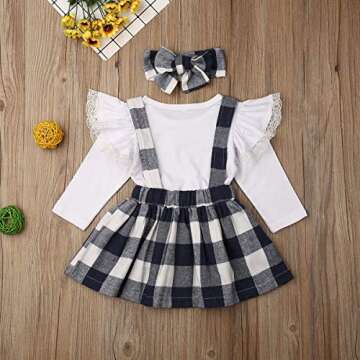 3PCS Toddler Baby Girl Cotton Ruffled T Shirts Floral Plaid Overall Skirts Set