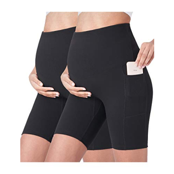 POSHDIVAH 2PCS Black Maternity Yoga Shorts - Comfortable Over The Belly Bump Workout Shorts
