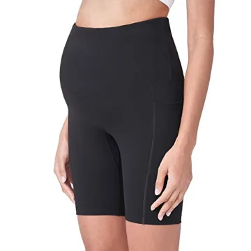 POSHDIVAH Black Maternity Yoga Shorts Over The Belly Bump