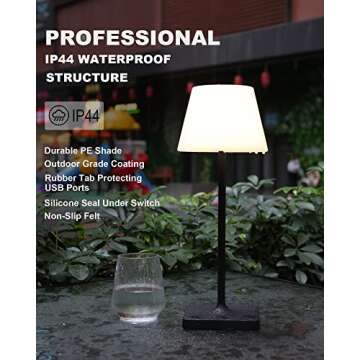 WEILAILUX Outdoor Battery Operated Table Lamp Waterproof, 4000mAh Cordless Table Lamp Rechargeable, Touch Dimmable Desk Lamp, LED Night Light for Patio Camping Restaurant Home, H15in, Black