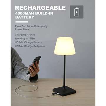 WEILAILUX Outdoor Battery Operated Table Lamp Waterproof, 4000mAh Cordless Table Lamp Rechargeable, Touch Dimmable Desk Lamp, LED Night Light for Patio Camping Restaurant Home, H15in, Black