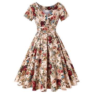 MINTLIMIT Women's Cocktail Tea Dress Vintage Rockabilly A-Line Short Sleeve Wedding Party Swing Dresses (Floral Apricot, Size L)