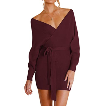ZESICA Women's Wrap V Neck Batwing Sleeve Knitted Dress - Stylish & Comfortable