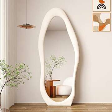 OGCAU Full Length Mirror, Irregular Wavy Mirror Full Length, Wave Floor Mirror, Full Length Wall Mirror, Wall Mirror Standing Hanging or Leaning Against Wall for Bedroom(White 63"x24")