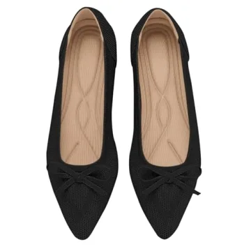 TINGRISE Women's Flats Pointed Toe Bow Knit Ballet Shoes - Comfy & Stylish