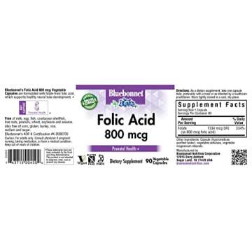 BlueBonnet Nutrition Folic Acid 800mcg, Healthy Neurological Development*, Soy-Free, Gluten-Free, No...