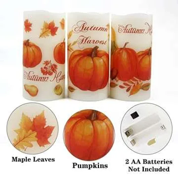 Lordearon Fall Pumpkin Flameless Candles Real Wax LED Battery Operated Pillar Candles with Timer, Thanksgiving Decor Set of 3,Warm Light