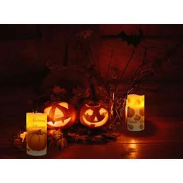 Lordearon Fall Pumpkin Flameless Candles Real Wax LED Battery Operated Pillar Candles with Timer, Thanksgiving Decor Set of 3,Warm Light