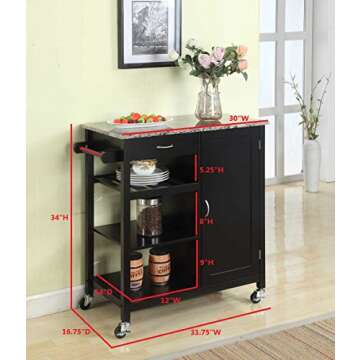 King's Brand Furniture Black Wood & Marble Finish Top Kitchen Storage Cabinet Cart