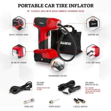 BULLSEYE PRO Tire Inflator with Pressure Gauge, Compact and Portable, Automatic Shut Off, 150 PSI Max, USB Home Rechargeable and Cord for Vehicular Use As Seen On TV (9475)