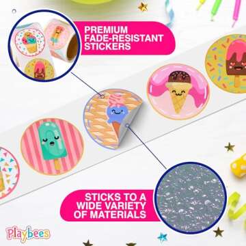 Playbees Ice Cream Parlor Stickers for Kids - 200 Pack of Sweet-Themed Designs - Ideal for DIY Arts and Crafts, Scrapbooking, Teacher Awards, Classroom Prizes, and Encouragement