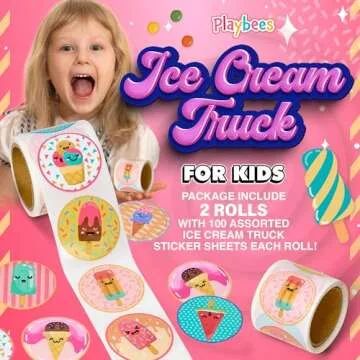 Playbees Ice Cream Parlor Stickers for Kids - 200 Pack of Sweet-Themed Designs - Ideal for DIY Arts and Crafts, Scrapbooking, Teacher Awards, Classroom Prizes, and Encouragement