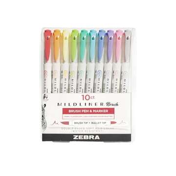 Zebra Pen Mildliner Brush Marker, Double Ended Brush and Fine Tip Pen, Assorted Soft Colors, 10 Pack