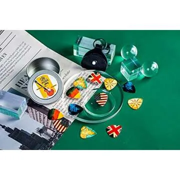 Guitar Picks - Cheliz 12 Medium Gauge Celluloid Guitar Picks In a Box W/Picks Holder. Unique Guitar Gift For Bass, Electric & Acoustic Guitars (Flag and Map)