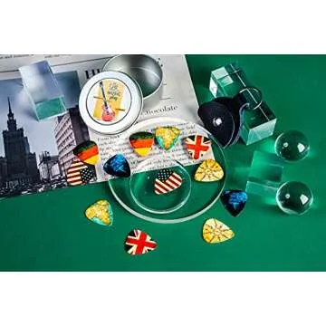 Guitar Picks - Cheliz 12 Medium Gauge Celluloid Guitar Picks In a Box W/Picks Holder. Unique Guitar Gift For Bass, Electric & Acoustic Guitars (Flag and Map)