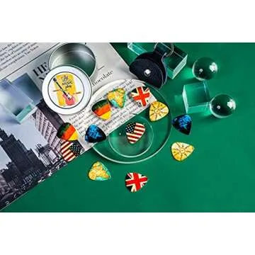 Guitar Picks - Cheliz 12 Medium Gauge Celluloid Guitar Picks In a Box W/Picks Holder. Unique Guitar Gift For Bass, Electric & Acoustic Guitars (Flag and Map)