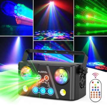 Party DJ Disco Lights, Laser Effect Stage Light 5in1 RGB LED Patterns Strobe Remote Control, DMX Sound Activated for Parties Wedding Birthday Club Indoor Bar Dance Karaoke Halloween Christmas