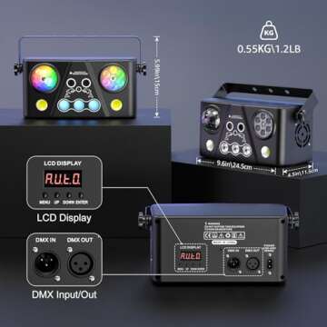 Party DJ Disco Lights, Laser Effect Stage Light 5in1 RGB LED Patterns Strobe Remote Control, DMX Sound Activated for Parties Wedding Birthday Club Indoor Bar Dance Karaoke Halloween Christmas