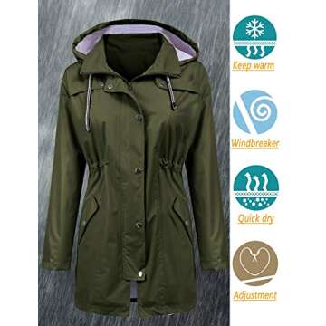 LOMON Raincoat Women Waterproof Long Hooded Trench Coats Lined Windbreaker Travel Jacket Army Green M