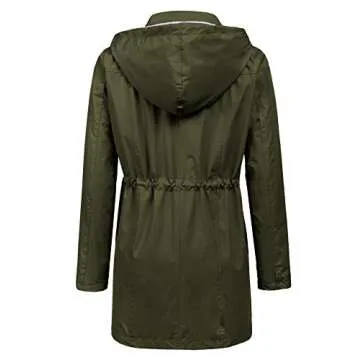 LOMON Raincoat Women Waterproof Long Hooded Trench Coats Lined Windbreaker Travel Jacket Army Green M