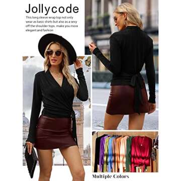 Jollycode Women's Long Sleeve V Neck Wrap Tops Tie Knot Sparkly Blouse Sexy Dressy Shirt Black S