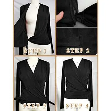 Jollycode Women's Long Sleeve V Neck Wrap Tops Tie Knot Sparkly Blouse Sexy Dressy Shirt Black S