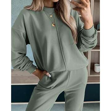 BTFBM 2024 Women 2 Piece Outfits Long Sleeve Pullover Jogger Pants Lounge Sets Thick Fall Winter Sweatsuits Tracksuit(Solid Light Green, X-Large)