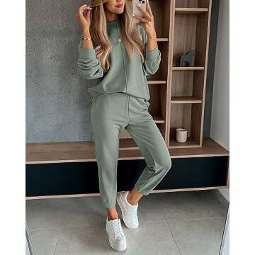 BTFBM 2024 Women 2 Piece Outfits Long Sleeve Pullover Jogger Pants Lounge Sets Thick Fall Winter Sweatsuits Tracksuit(Solid Light Green, X-Large)